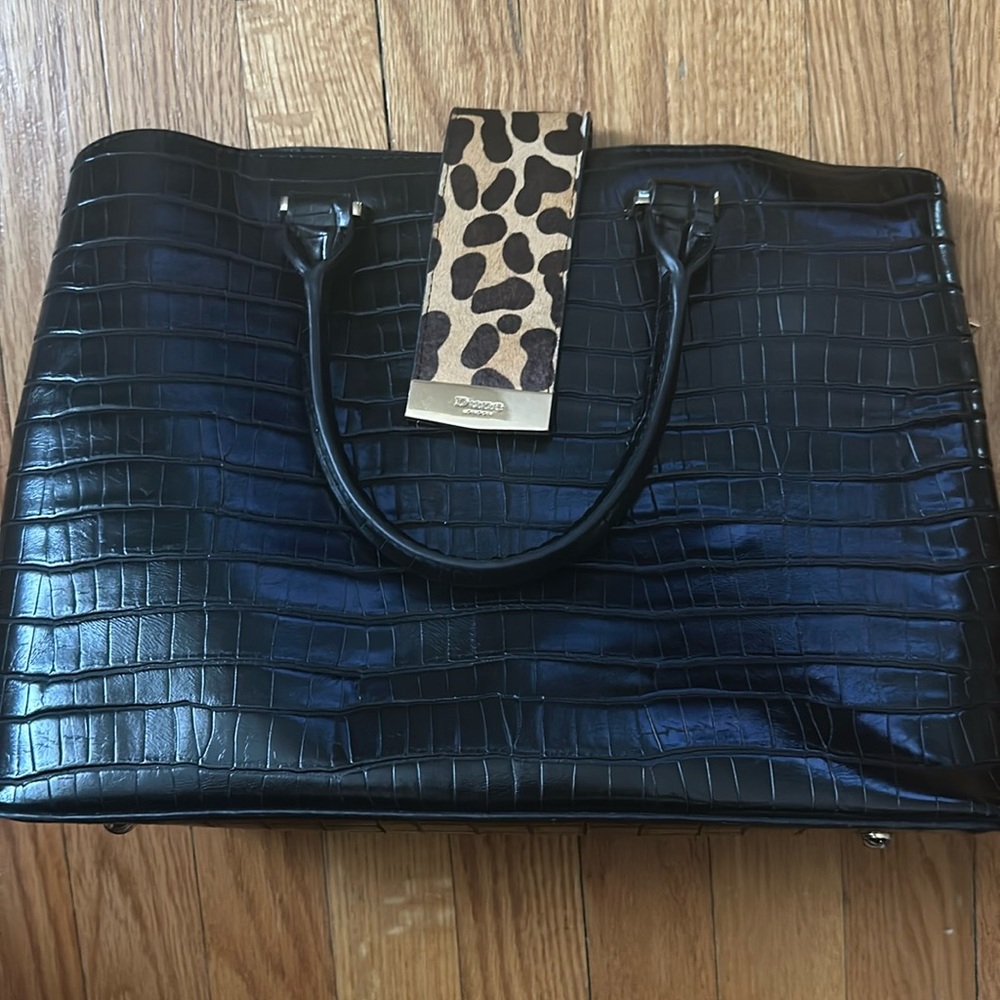 Black croc office bag. vegan leather and leopard strap middle section
